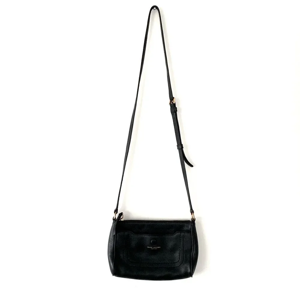Marc Jacobs Black Leather Crossbody Bag Gold Logo Urban Minimalist Designer